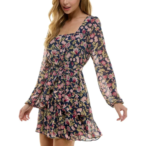 NWT City Studio Juniors Square-Neck Fit Flare Dress Belted Navy Blue Multi XL - Image 3