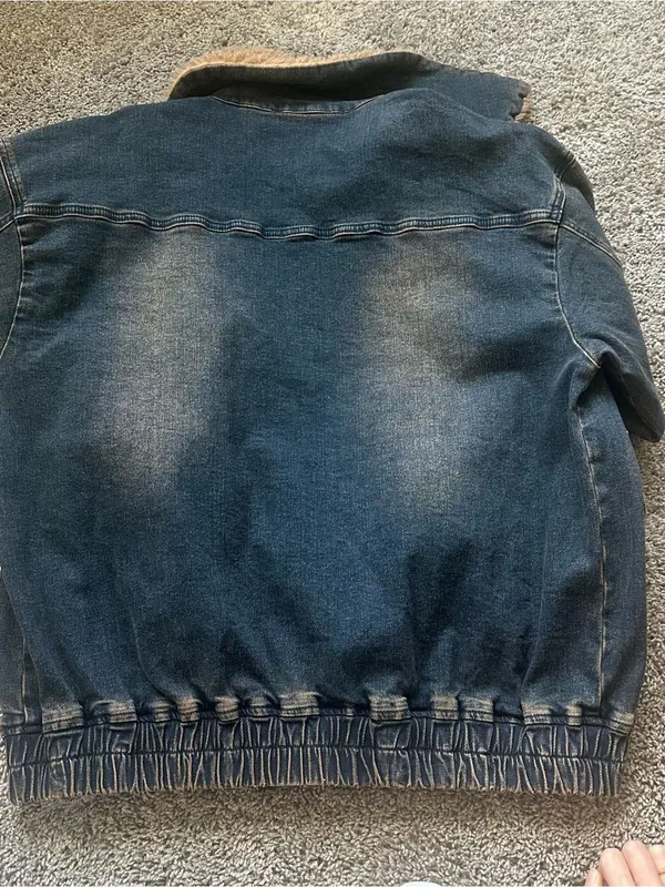 Dolls Kill Blue Denim Bomber Jacket with Tan Sherpa Collar - Image 8