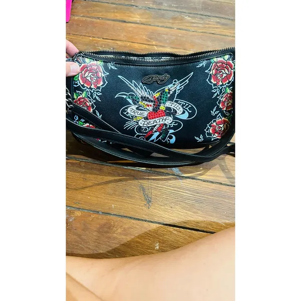 ED HARDY Y2K Black Red True Til Death Faux Leather Roses Shoulder Bag Purse - Image 13