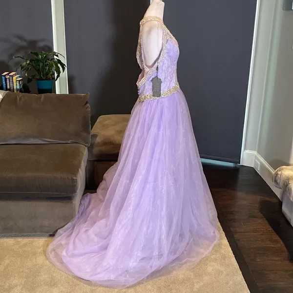 Women’s Purple Full Length V-Neck Silver Beaded Prom Party Dress Size 14 NWT - Image 4