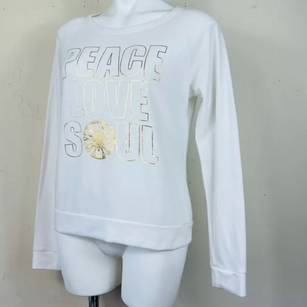 Soulcycle Peace Love Soul Hacci Crew Neck White Gold Pullover Shirt M - Image 2