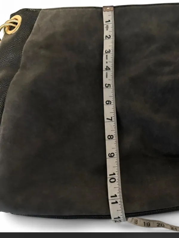 PRIMARK Mixed Media Slouchy Hobo Bag Black Faux Suede Leather Brown Tassels - Image 6