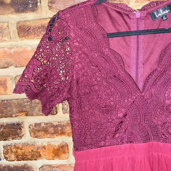 Lulus Burgundy Angel In Disguise Lace Skater Mini Dress Women's Size Medium - Image 4