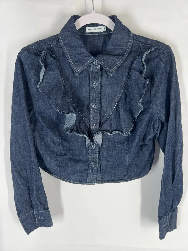 Avec Les Filles Ruffle Yoke Denim Button-Up Shirt Medium Blue Size M - Image 2