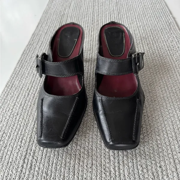 Vintage Merona Black Leather Silver Buckle Square Toe Maryjane Block Heels Shoes - Image 12