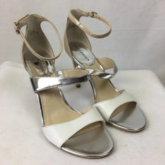 Marc Fisher White & Silver Ankle Strap Heels 8 - Image 5