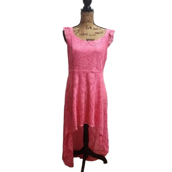 Pink Womens High Low Dress Elegant Lace‎ Overlay Romantic Feminine - Image 2