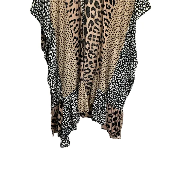 Umgee Womens‎ Leopard Patchwork Ruffle Kimono Wrap Brown Black SM - Image 11