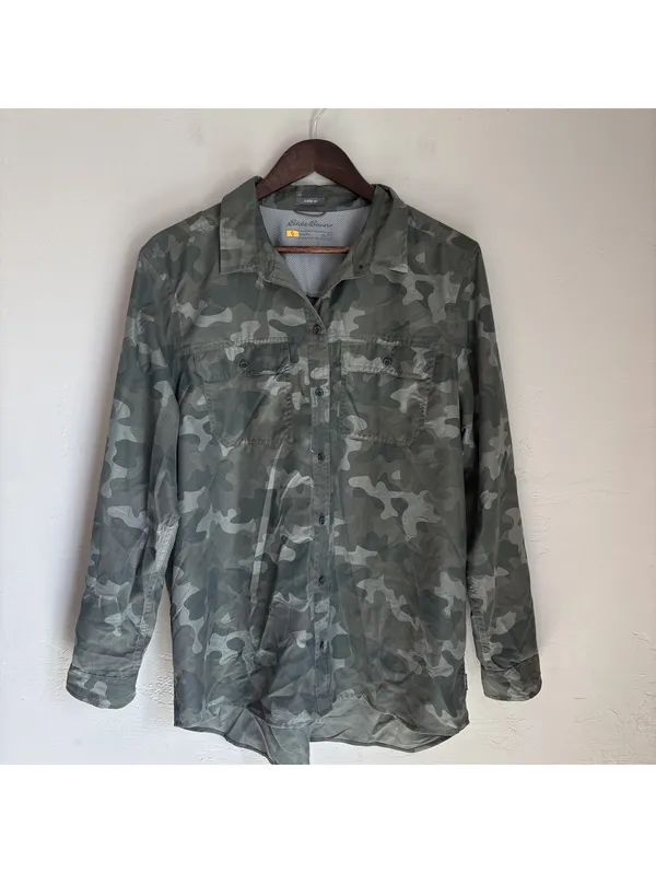 Eddie Bauer Travex Camo Long Sleeve Hiking Shirt Roll Tab Button Up Women XL - Image 2