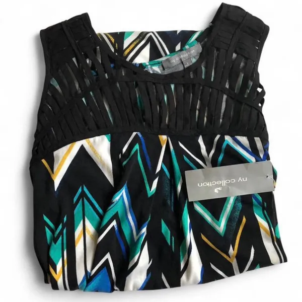 NWT NY Collection Wom Sleeveless Asymmetrical Chevron Dress Black Teal & Blue L - Image 9