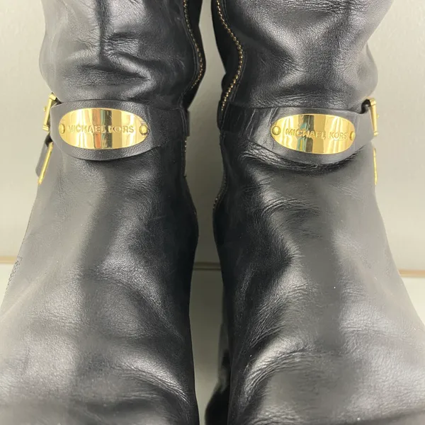 Michael Kors Black Leather Gold Hardware Buckle Arley Knee High Riding Boots - Image 13