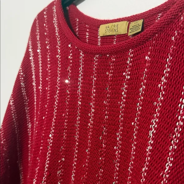 Valerie Stevens Red Knit Sparkle Fringed Shaw Sweater Top - Image 4