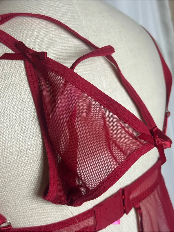 Betsey Johnson lingerie Y2K style babydoll 2 piece Red Satin Mesh Bow Small NWT - Image 6