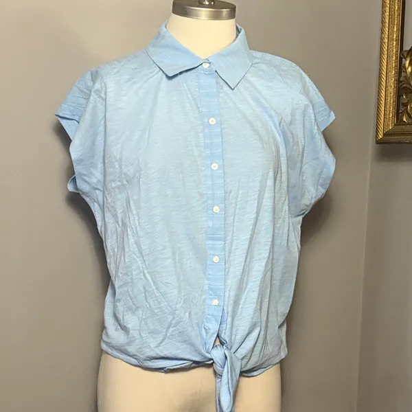 NEW Loft Medium Dobby Stripe Modern Tie Front Button Down Top Shirt - Image 2