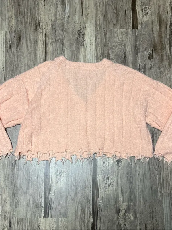 Double Zero Distressed Frayed Hem Cropped Cardigan Sweater Peach Pink Small - Image 5