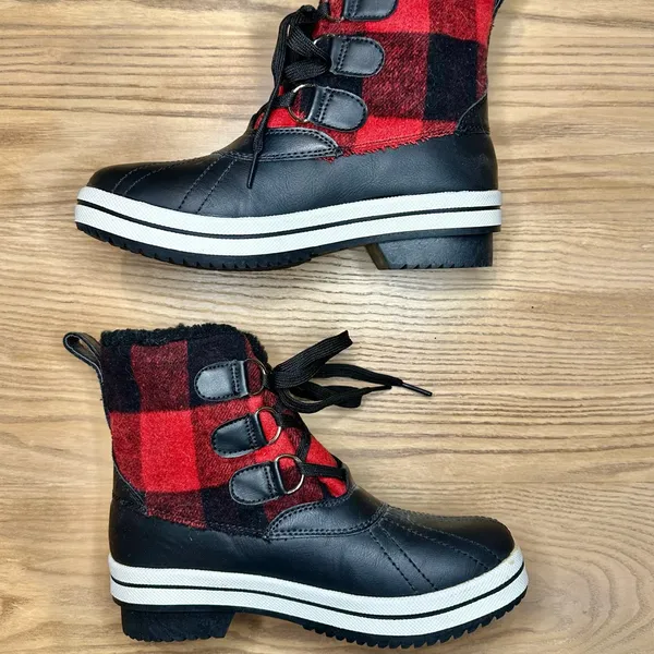 Madden Girl Chill Black and Red Buffalo Check Plaid Winter Rain Duck Boots - Image 3