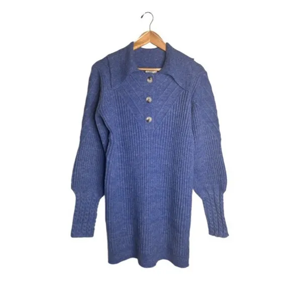 Umgee Cable Knit Sweater Dress Cobalt Blue Medium Stretch Pointed Collar NWT - Image 8