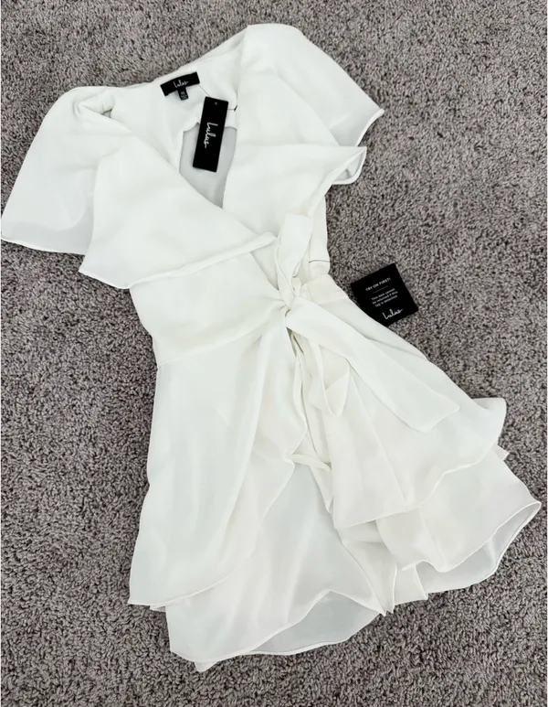 Lulus Aldrin White Ruffled Backless Wrap Skort Romper - Image 5
