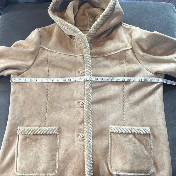 Women’s Vintage St John’s Bay Tan Faux Suede Hooded Coat Faux Fur Lined Size L - Image 7