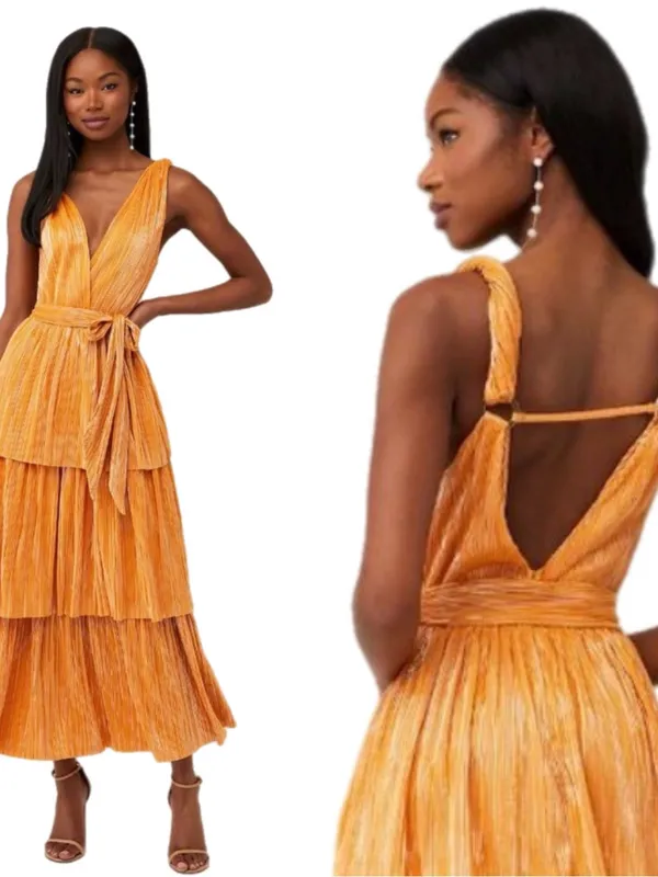 Sabina Musayev Alma Midi Dress in Mandarin Orange Pleated Tiered Small - Image 2