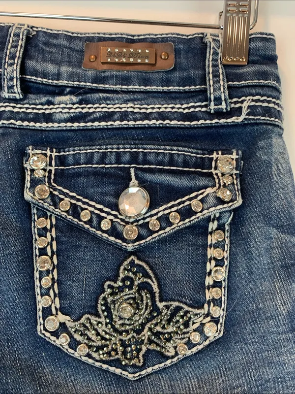 ViVi Diva skinny jeans sz 5 dark wash bedazzled embroidered floral western moto - Image 5
