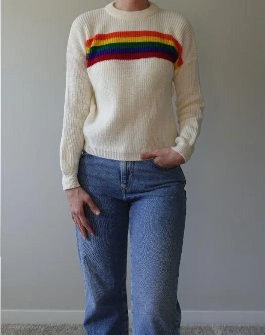 Rainbow Cream Knit Cozy Crew Neck Sweater One Size White - Image 2