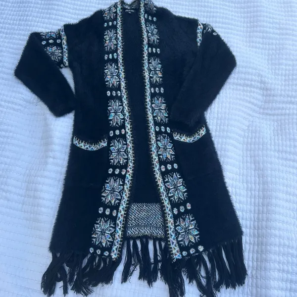 Ellie & Kate Black‎ Embroidered Fringe Cardigan - Image 2