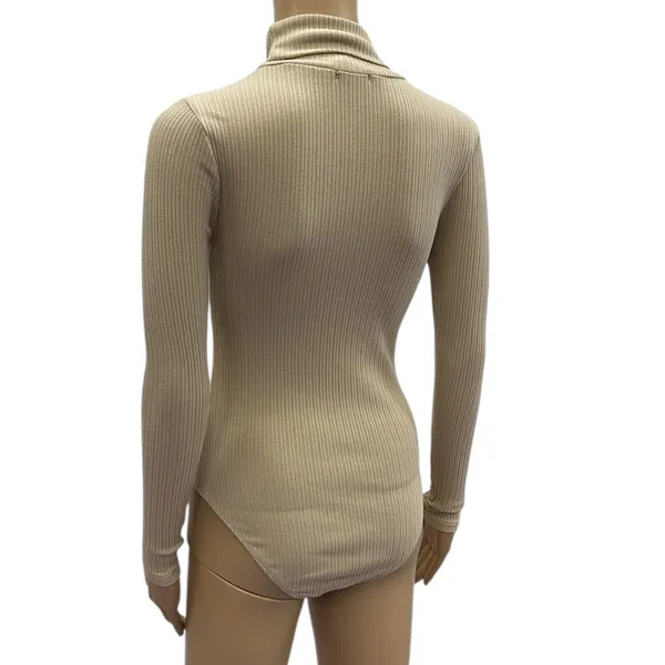 Ambiance Khaki Long Sleeve Ribbed Turtleneck Stretchy Bodysuit Top Women Small - Image 5