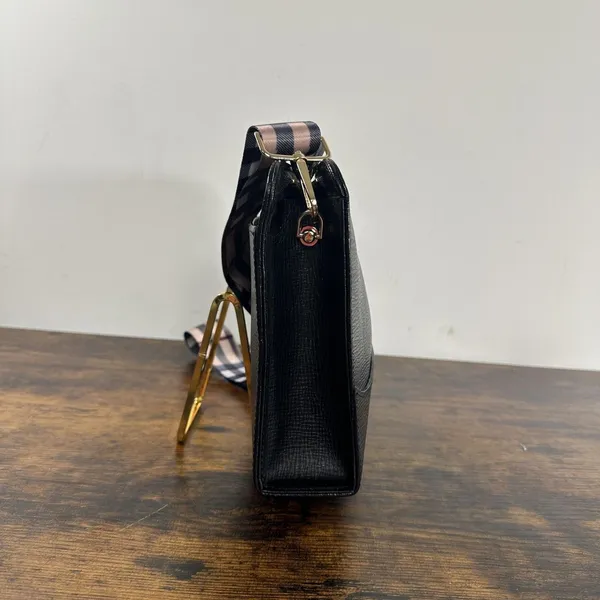 Burberry Vintage Clutch Bag Medium Black Leather Check Canvas Strap Hardware - Image 6