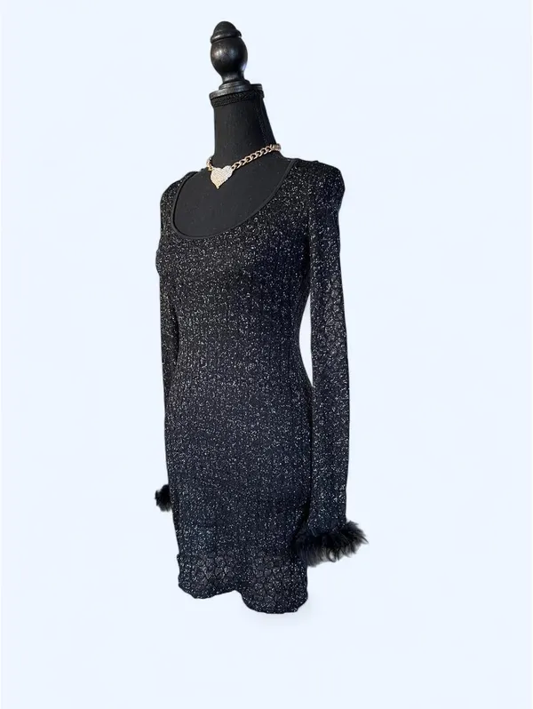 PrettyLittleThing Glitter Sheer Feather Cuff Bodycon Mini Dress size 2 - Image 6