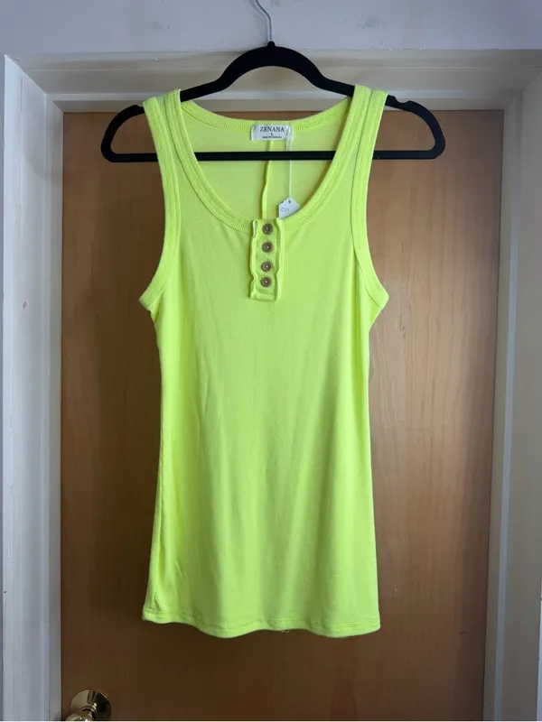 Zenana Neon Yellow Ribbed Button Front Tank Top Size: Large - Image 2
