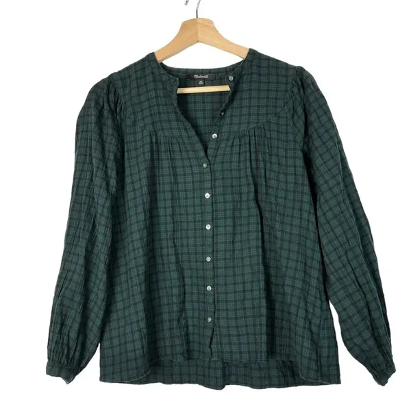Madewell‎ Green Plaid Balloon Sleeve Peasant Long Sleeve Top Warren Check XS - Image 3