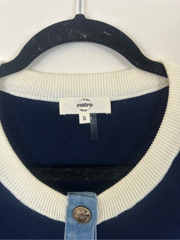 Entro Navy Knit Cardigan Jacket with Light Denim Trim Size Small Women's - Image 3