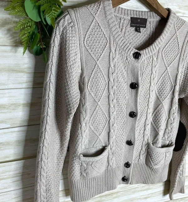 Fenn Wright Manson Oatmeal Neutral Tan Cable Knit Wool Blend Button Cardigan - Image 3