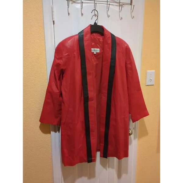 Tibor Womens Leather Coat Jacket Trench 80s Medium Red Long Vintage Korea - Image 3