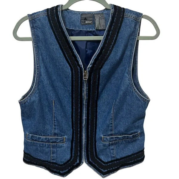 Vintage 90s Lizwear Cropped Denim Vest Small Velvet Trim - Image 4