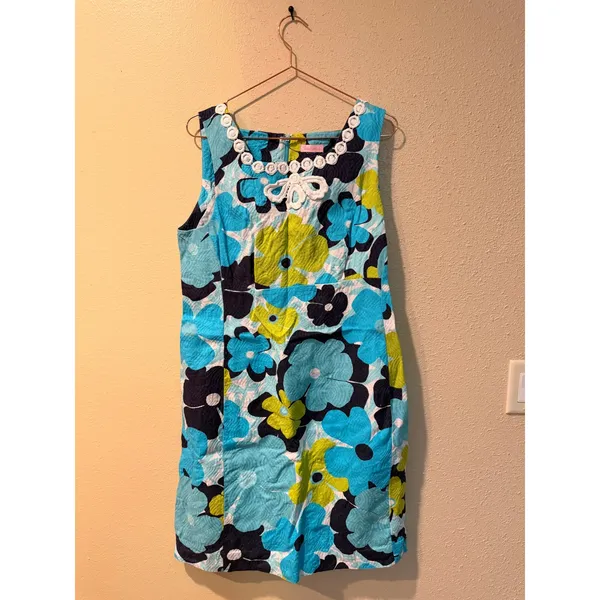 Lilly‎ Pulitzer Dress Women 6 Blue Floral 92862W Seersucker Lace Shift Preppy - Image 4