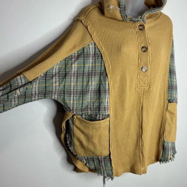 BKE Pullover Oversized Hoodie plaid patchwork style boho size small - Image 2