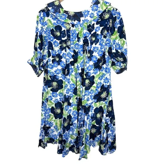 Free People Floral Print Mini Dress Blue Green Moon Chaser Tiered Shift Med NWT‎ - Image 3