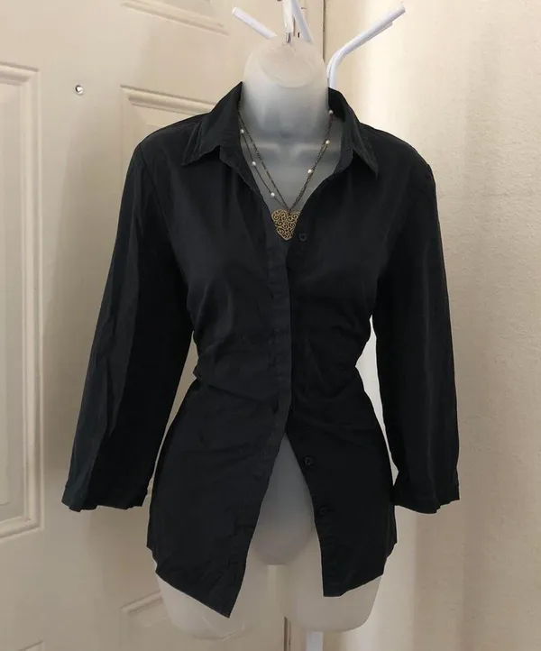 Gothic Office Siren Core Preppy Dark Academia Black fitted ruched corset button up down shirt blouse top - Image 2
