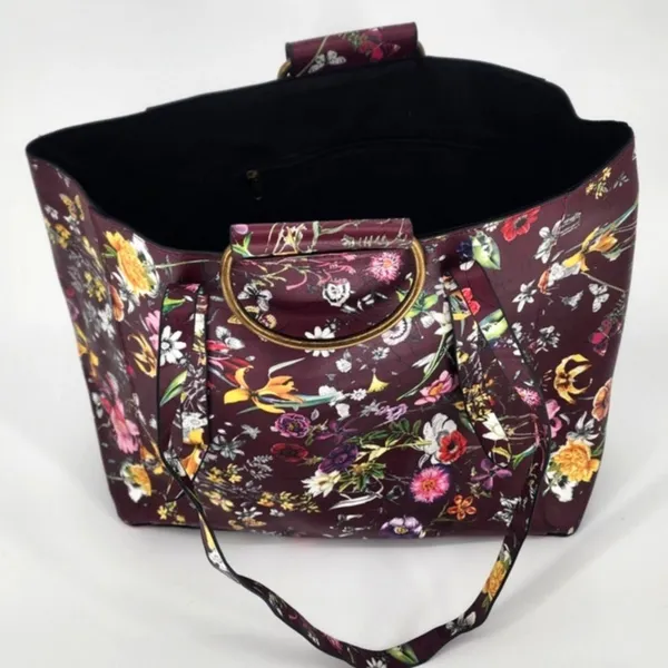 Burgundy Floral Vinyl Tote Bag Gold Ring Detail Large Work Purse 18x12x6 - Image 5