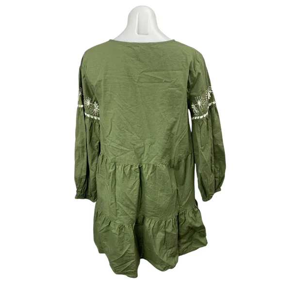 ZARA Green Embroidered Tiered 3/4 Sleeve V Neck Tassels Mini A-Line Dress Size S - Image 2