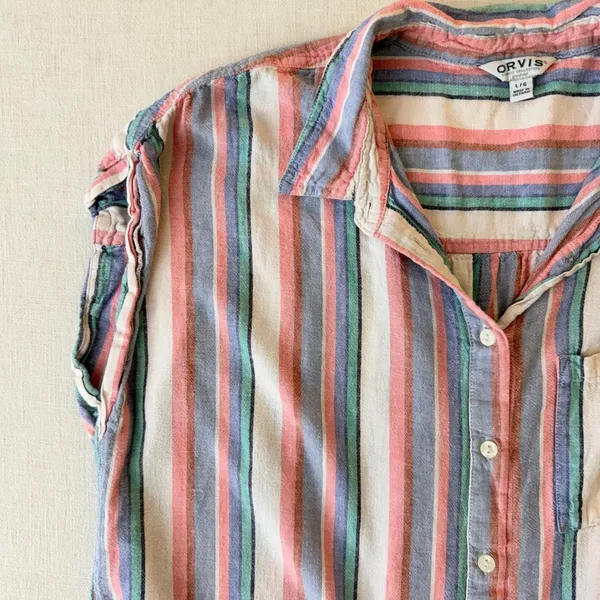 Orvis Linen Blend Shirt L Pastel Stripe Coastal Grandmother Cap Sleeve - Image 10