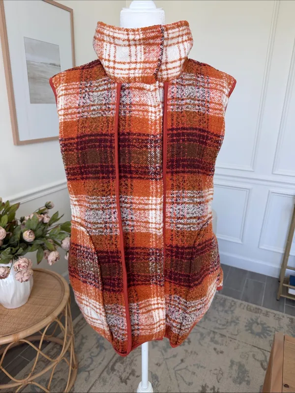 Free People Wrapped Up Blanket Vest Orange Plaid Wool Blend S - Image 12