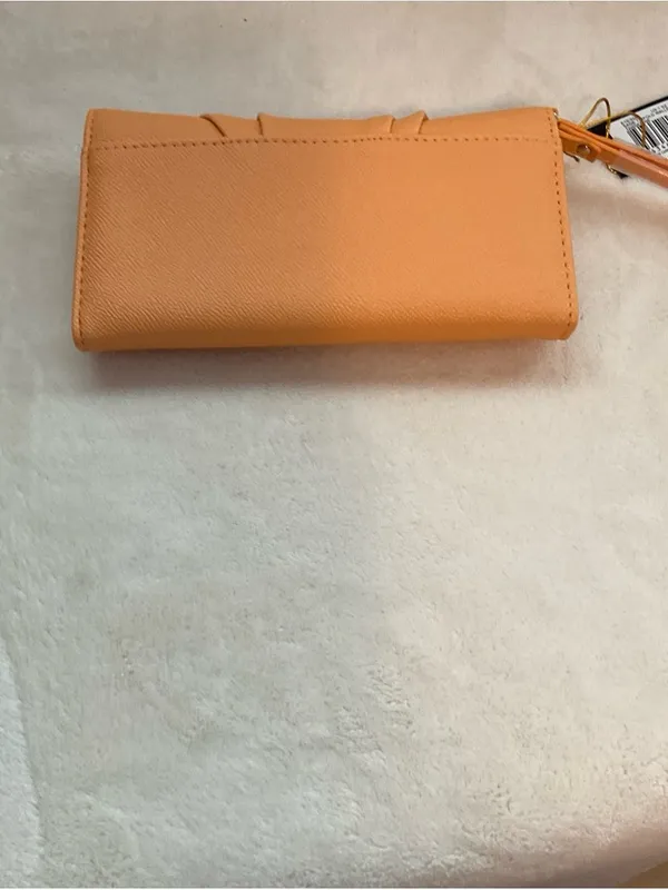 bebe Peach-Orange Wristlet Clutch with Gold Logo - Image 5
