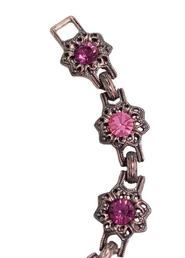 Coppertone Pink Purple Rhinestone Link Bracelet Approximately 7.5” - Image 3