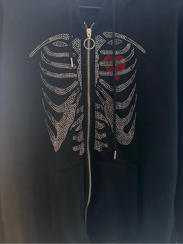 Black Rhinestone Skeleton Zip Hoodie with Red Heart Detail - Image 2