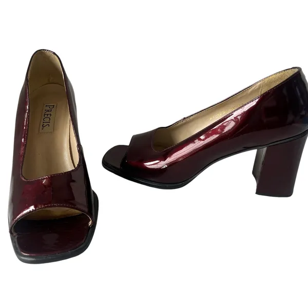 Vtg Precis 90s Patent Peep Toe Womens Shoes Sz 7.5 Chunky Heel Retro Y2K Square - Image 2