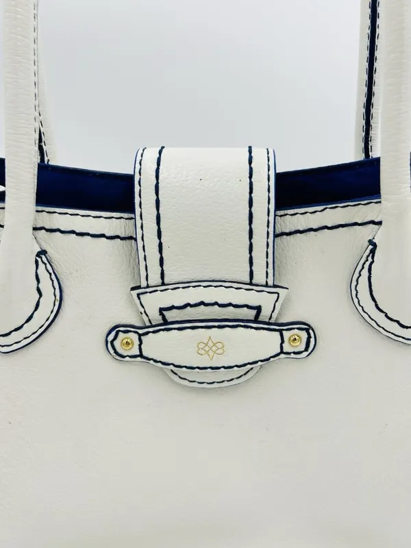 Antonio Melani White Leather Satchel Bag Magnetic Closure Blue Trim - Image 2