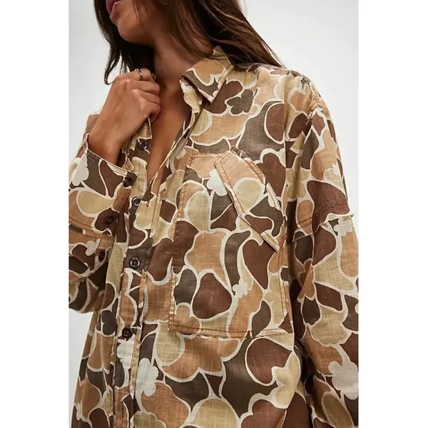 Free People Bohemian Camouflage Camo Oversized Hidden Valley Shirt Neutral Large - Image 4